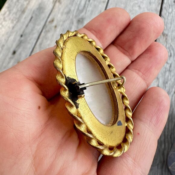 Vintage Jewelry Shell Cameo Gold Plated twist border Brooch Pin  C Clasp - Picture 4 of 4